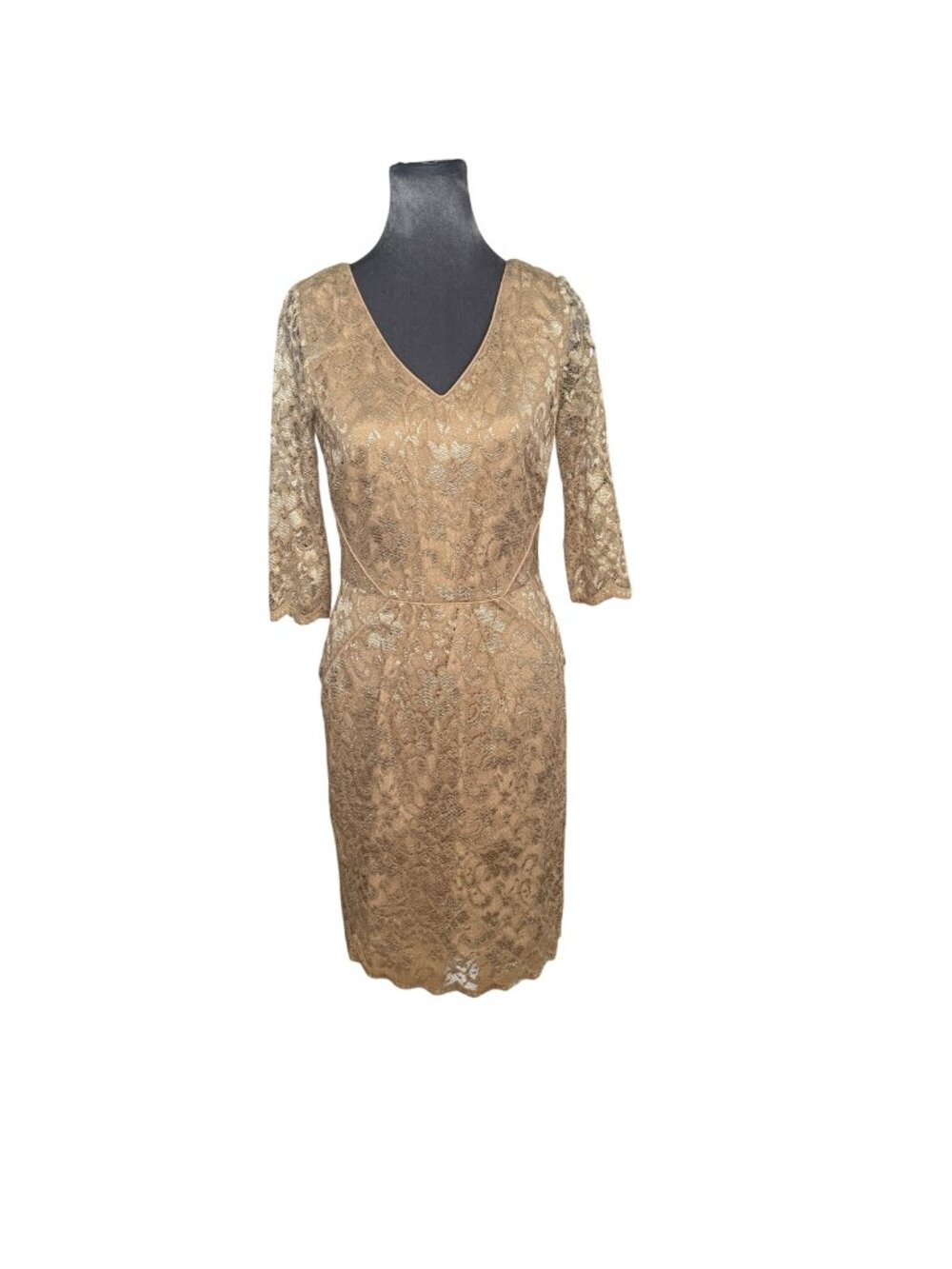 Antonio Melani Gold Lace Sheath Dress V-Neck 3/4 Sleeve Size 4